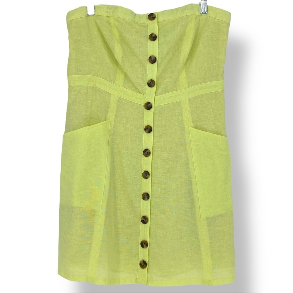 NWT AE Bright Yellow Button Up Bandeau Cotton Linen Blend Button-Down Dress, LS